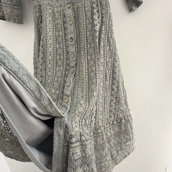 Lace Button-Front Midi Dress in Blue Grey | Polagram Dress size Medium - Picture 3 of 7
